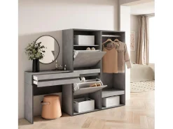 Consola*Skraut Home Mesa consola de entrada, 190x35x145cm, Com gaveta, Sapateira, Roupeiro aberto, Cimento Cinzento