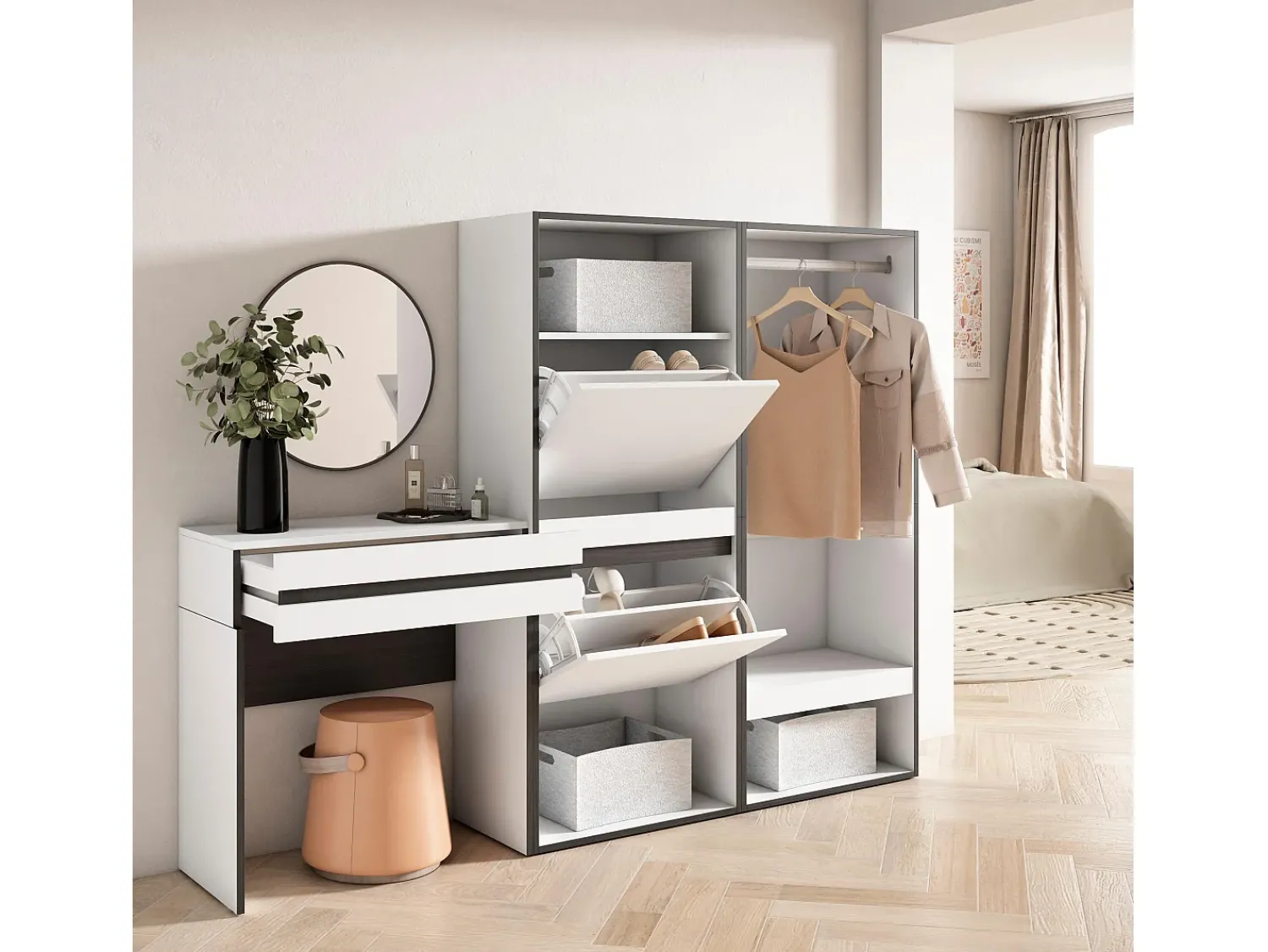 Consola|Skraut Home Mesa consola de entrada, 190x35x145cm, Com gaveta, Sapateira, Roupeiro aberto, Branco
