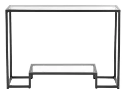 Consola| Mesa Consola em Vidro SucceBuy 2 Níveis, Retangular Moderna, Mesa de Apoio com Tabuleiro em Vidro Temperado, Pés em Ferro e Dispositivo Anti-Balanço, Preto