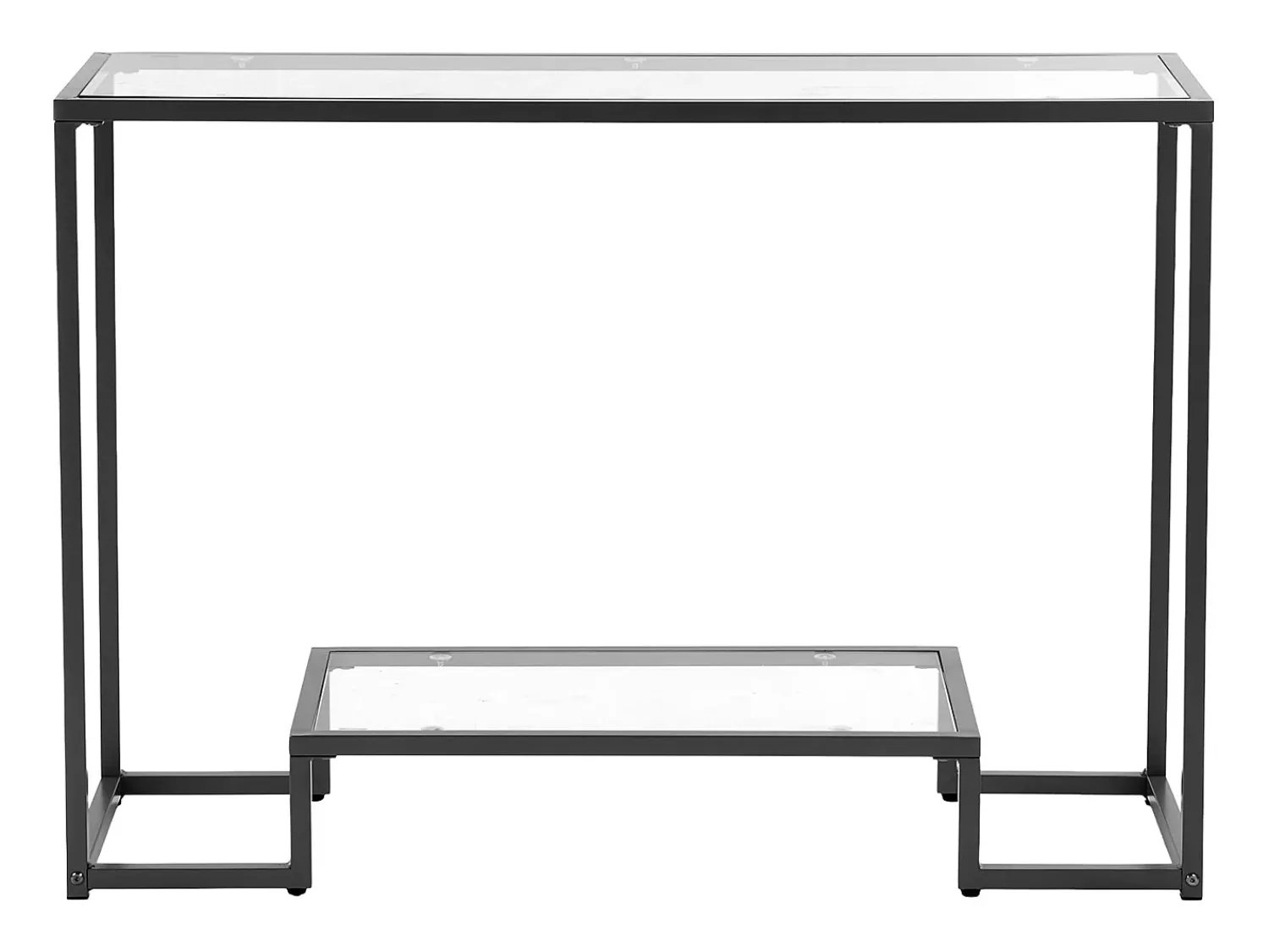 Consola| Mesa Consola em Vidro SucceBuy 2 Níveis, Retangular Moderna, Mesa de Apoio com Tabuleiro em Vidro Temperado, Pés em Ferro e Dispositivo Anti-Balanço, Preto