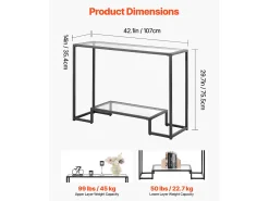 Consola| Mesa Consola em Vidro SucceBuy 2 Níveis, Retangular Moderna, Mesa de Apoio com Tabuleiro em Vidro Temperado, Pés em Ferro e Dispositivo Anti-Balanço, Preto