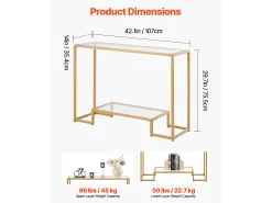 Consola* Mesa Consola em Vidro SucceBuy com 2 Níveis, Retangular Moderna, Mesa de Apoio com Tabuleiro em Vidro Temperado, Pés em Ferro e Dispositivo Anti-Tombamento Dourado