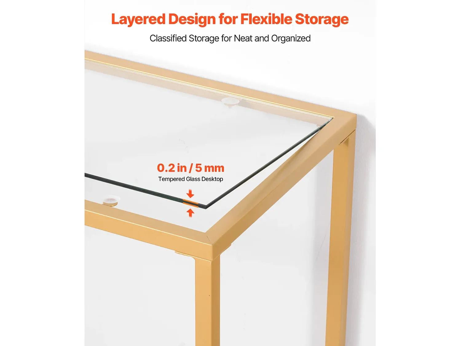 Consola* Mesa Consola em Vidro SucceBuy com 2 Níveis, Retangular Moderna, Mesa de Apoio com Tabuleiro em Vidro Temperado, Pés em Ferro e Dispositivo Anti-Tombamento Dourado