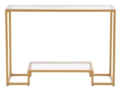 Consola* Mesa Consola em Vidro SucceBuy com 2 Níveis, Retangular Moderna, Mesa de Apoio com Tabuleiro em Vidro Temperado, Pés em Ferro e Dispositivo Anti-Tombamento Dourado