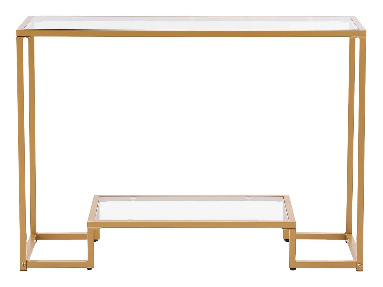 Consola* Mesa Consola em Vidro SucceBuy com 2 Níveis, Retangular Moderna, Mesa de Apoio com Tabuleiro em Vidro Temperado, Pés em Ferro e Dispositivo Anti-Tombamento Dourado