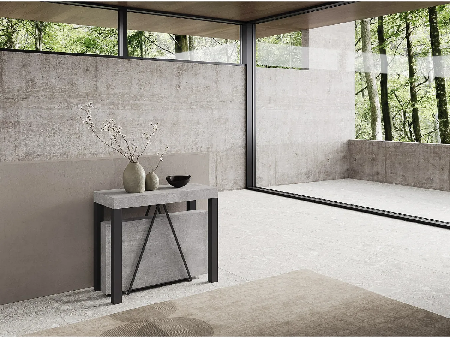 Consola|Ityhome Mesa consola extensível 90x40/300 cm Tiris cimento quadro antracite Cinzento