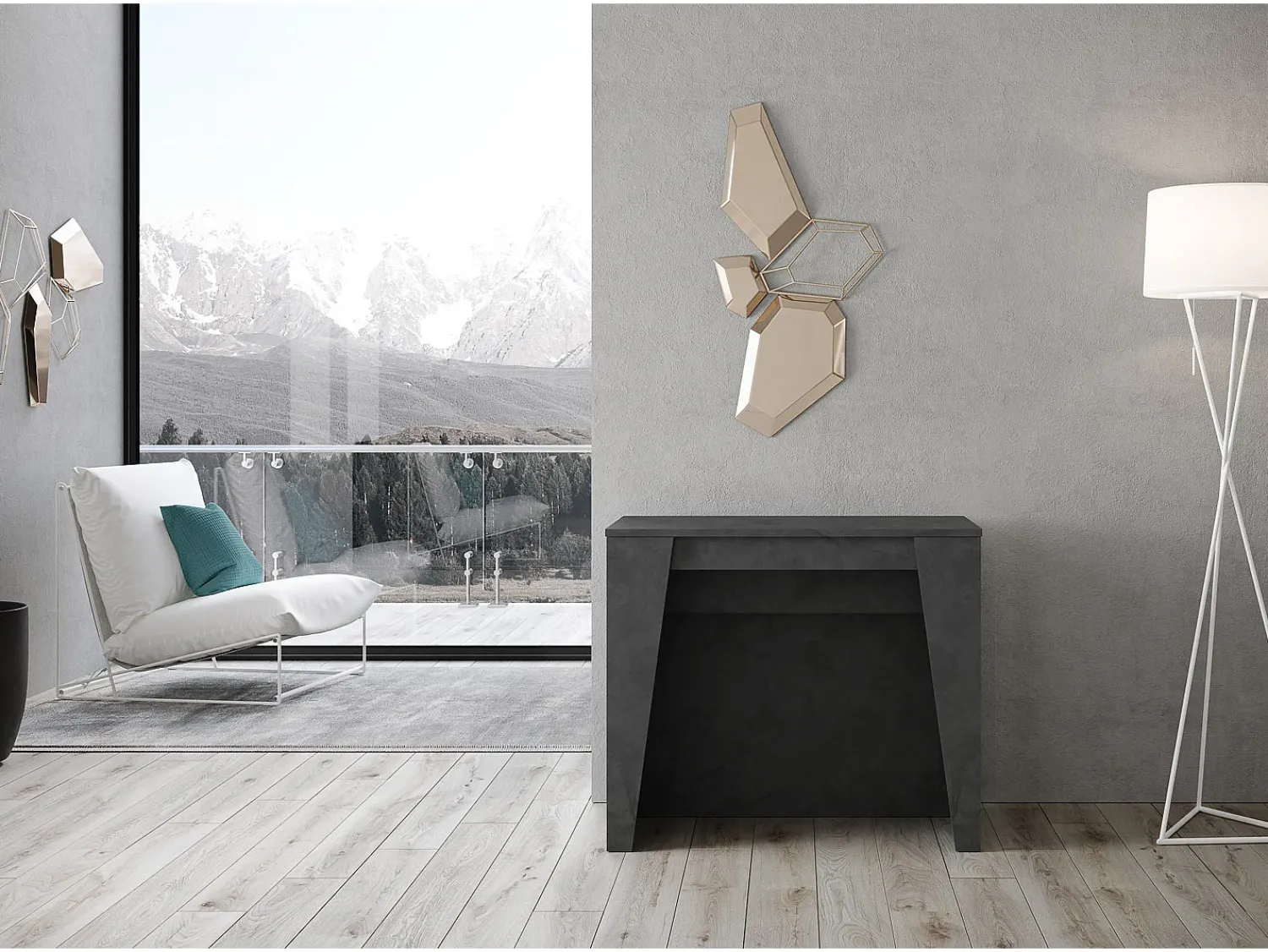 Consola*Ityhome Mesa consola extensível 90x48/296 cm Bakari antracite espatulado Cinzento