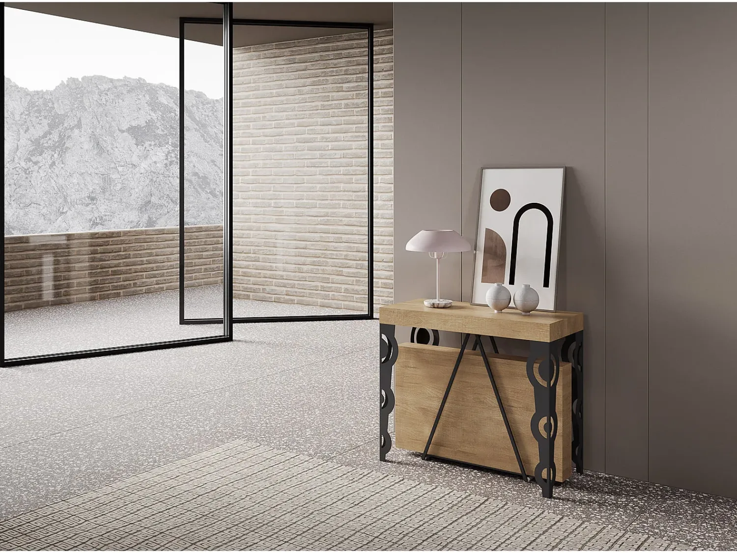 Consola|Ityhome Mesa consola extensível 90x40/196 cm Aceres Small carvalho natural quadro antracite Castanho