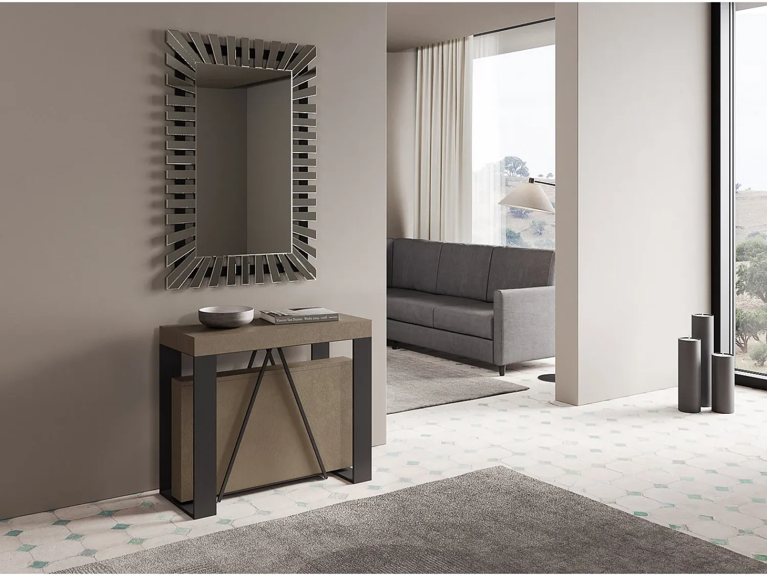 Outlet Ityhome Mesa consola extensível 90x40/196 cm Zamat Small tortora quadro antracite Castanho