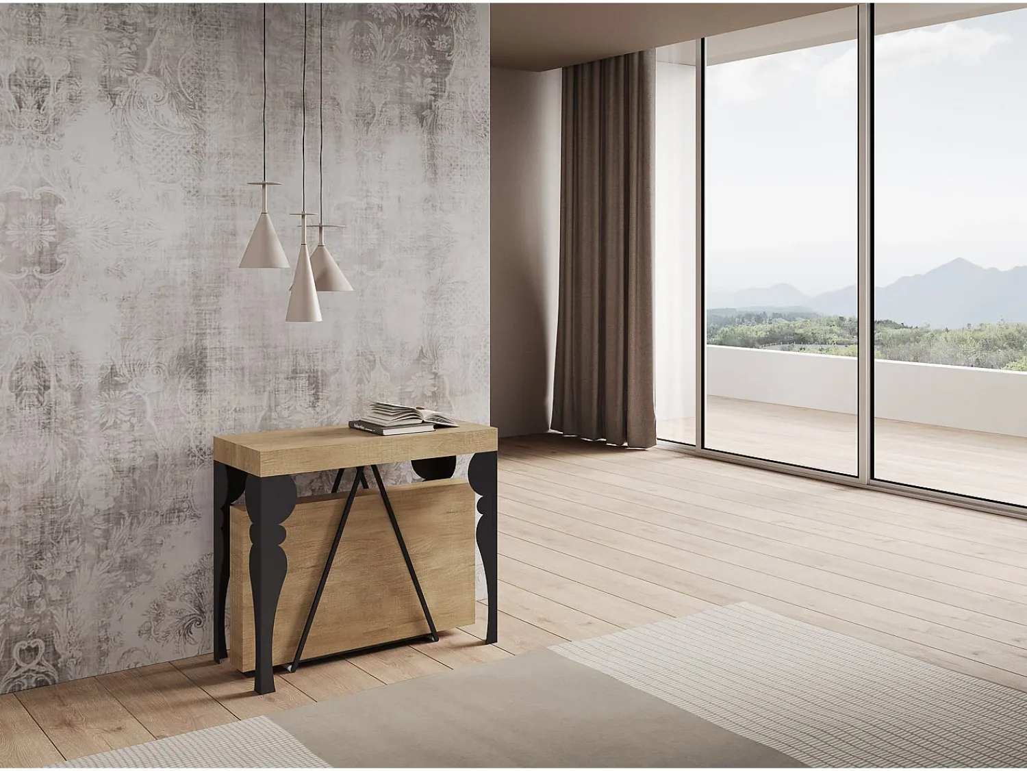 Consola|Ityhome Mesa consola extensível 90x40/196 cm Riza Small carvalho natural quadro antracite Castanho
