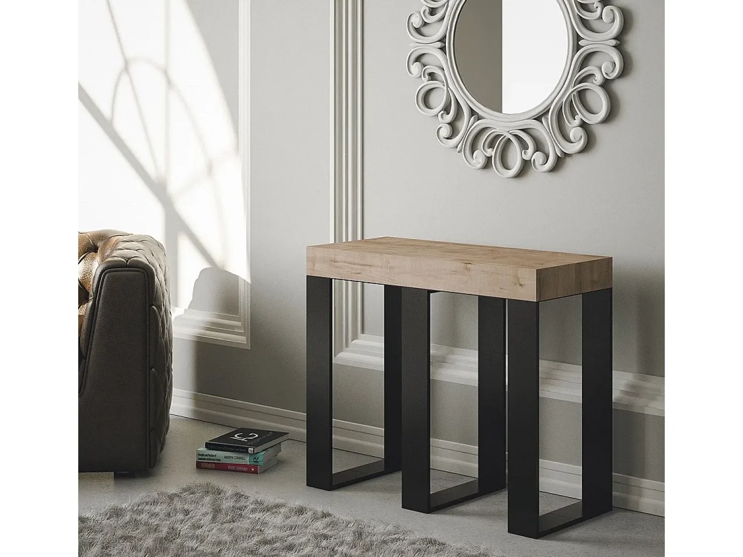 ITAMOBY Mesa consola extensível 90x40/196 cm Sintesi Small Carvalho Natural quadro Antracite^ Consola