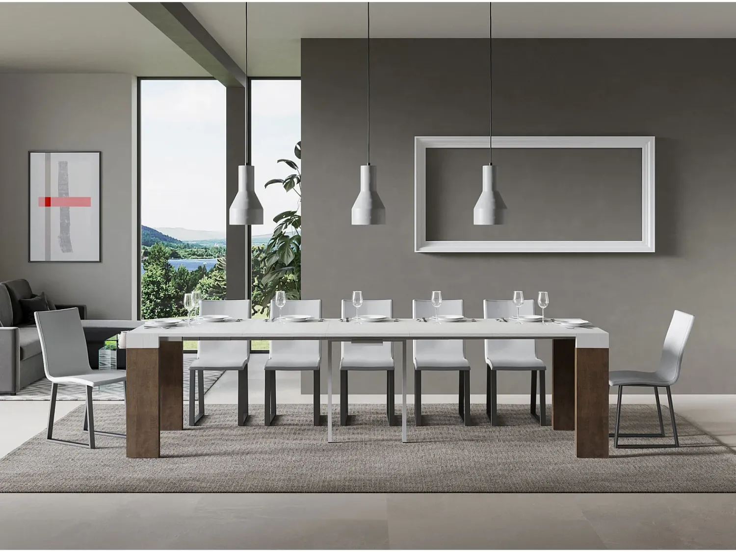 ITAMOBY Mesa consola extensível 90x40/300 cm Roxell Mix plano Cinza Branca - estrutura Nogueira^ Consola