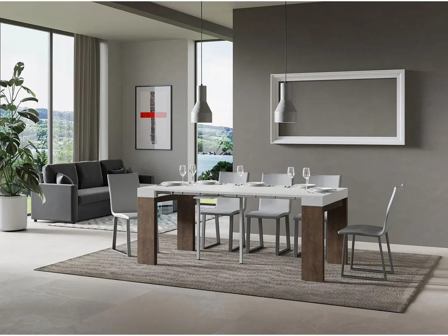 ITAMOBY Mesa consola extensível 90x40/300 cm Roxell Mix plano Cinza Branca - estrutura Nogueira^ Consola