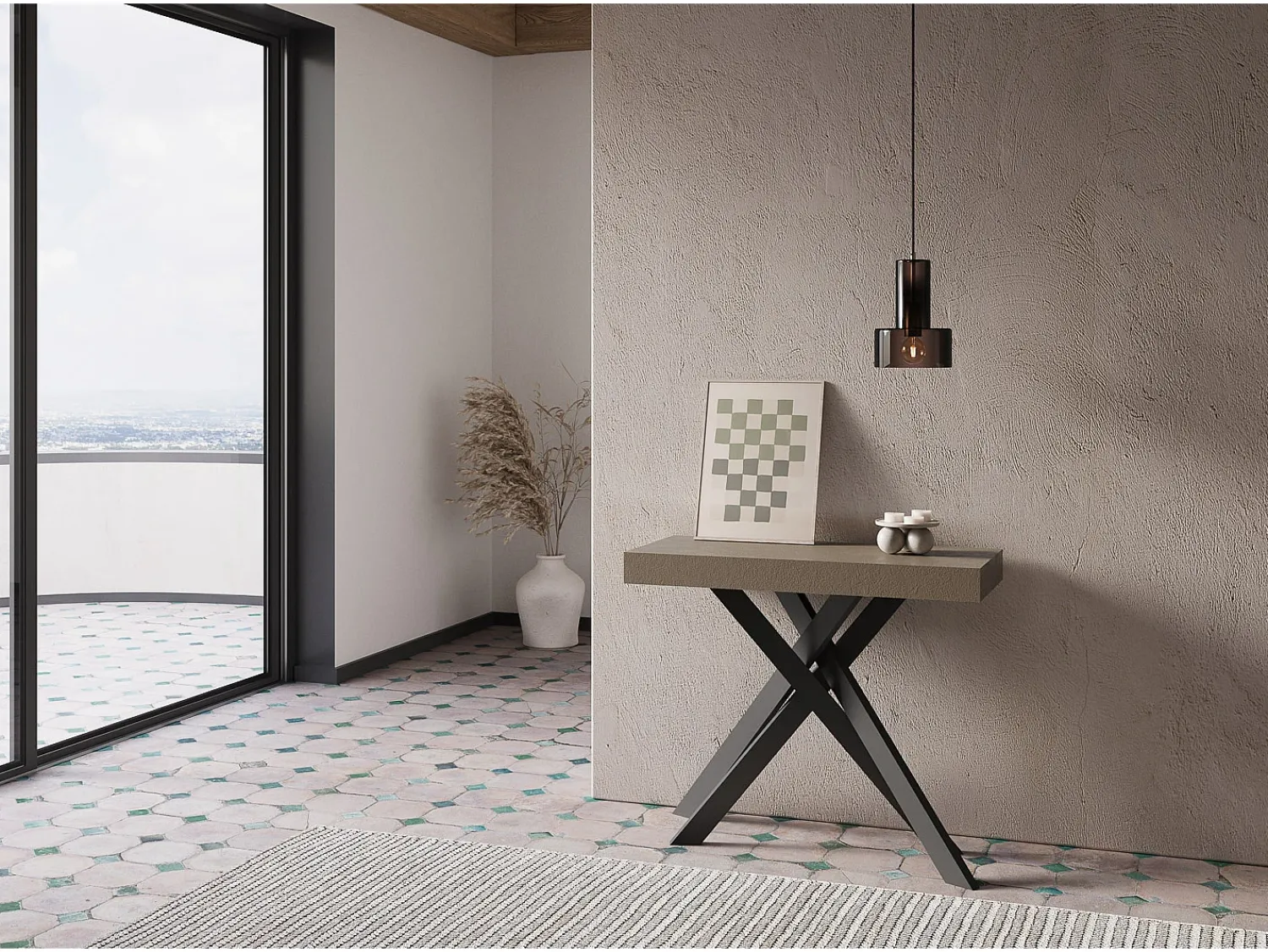 Consola|Ityhome Mesa consola extensível 90x40/300 cm Krack tortora pernas antracite Castanho