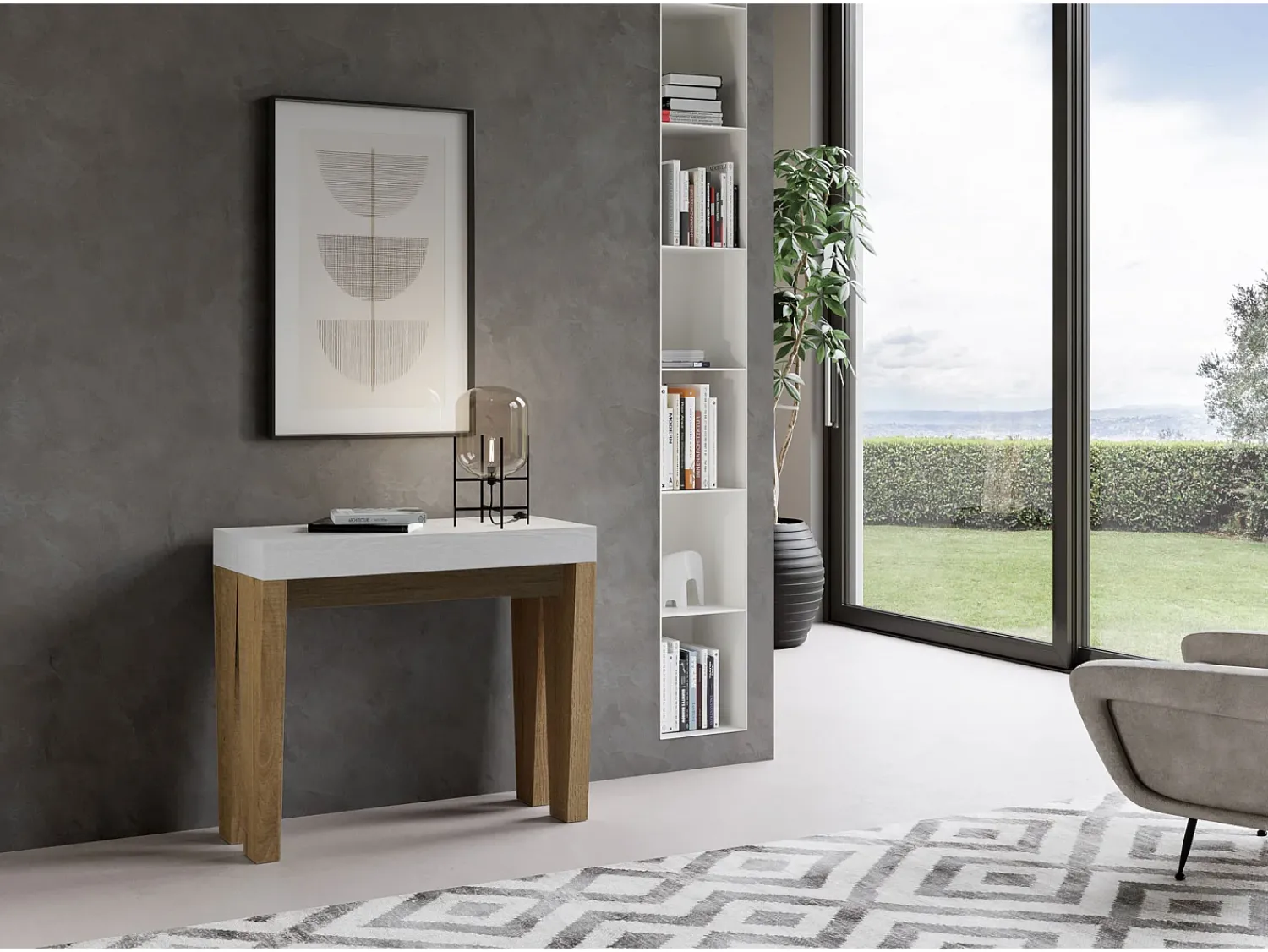 ITAMOBY Mesa consola extensível 90x40/196 cm Spimbo Mix Small plano Cinza Branca - estrutura Carvalho Natural^ Consola