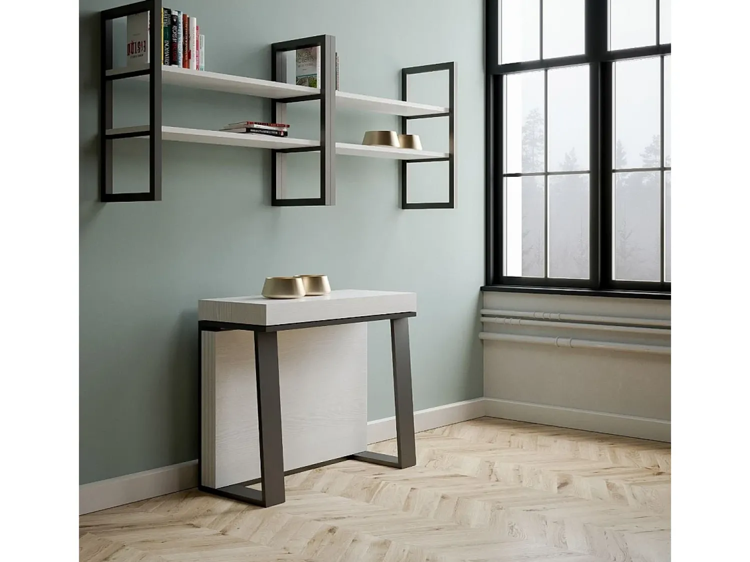 Outlet ITAMOBY Mesa consola extensível 90x40/288 cm Asia Cinza Branca quadro Antracite Branco