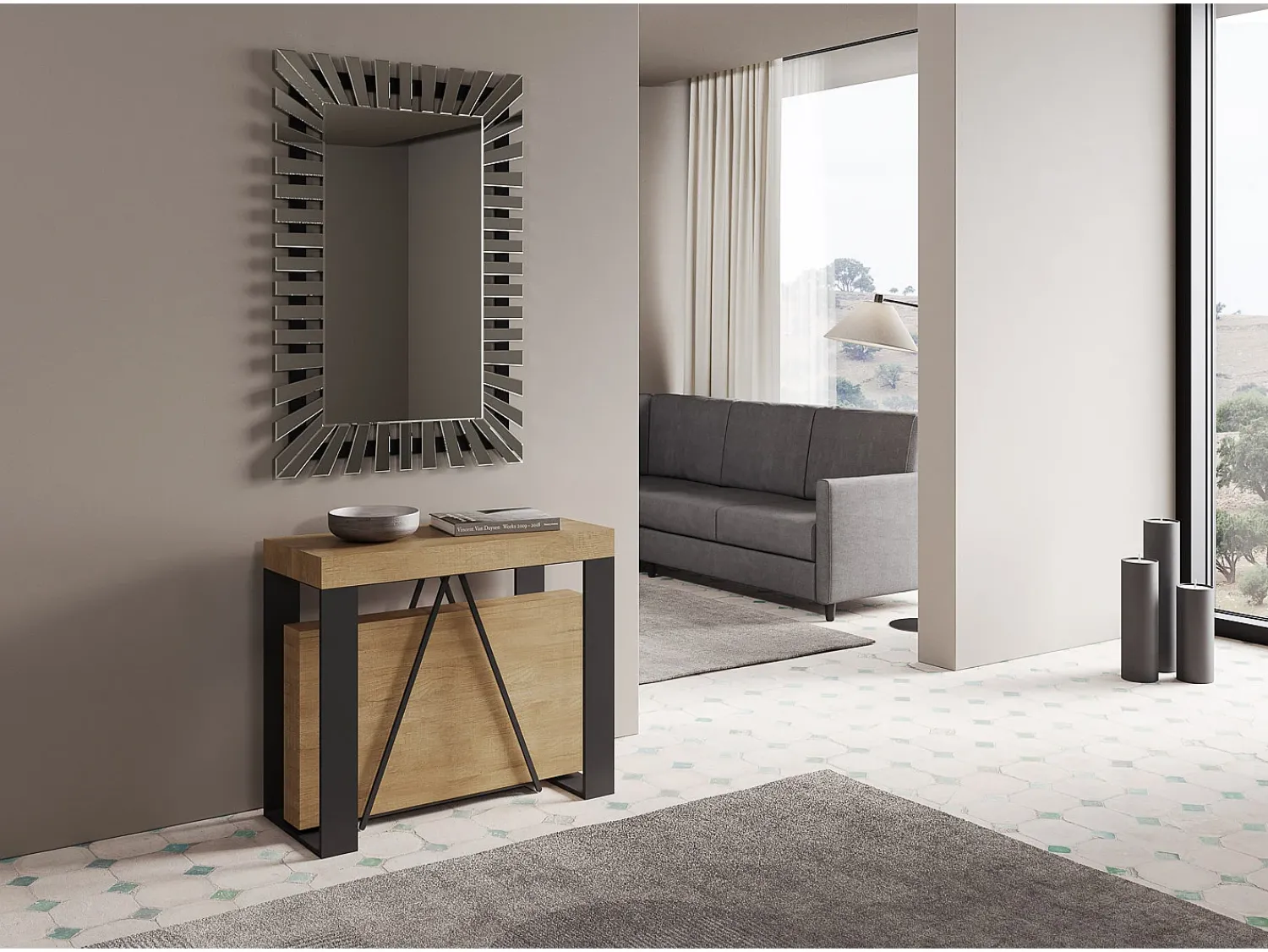 Consola|Ityhome Mesa consola extensível 90x40/196 cm Zamat Small carvalho natural quadro antracite Castanho