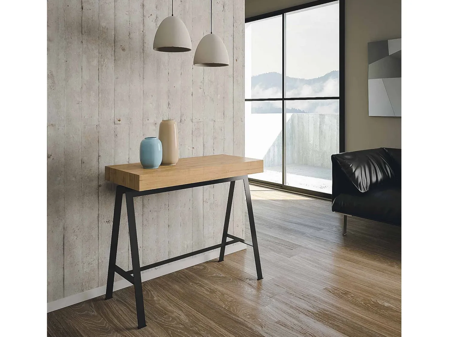 Consola*ITAMOBY Mesa consola extensível 90x40/300 cm Banco Carvalho Natural quadro Antracite Natural claro