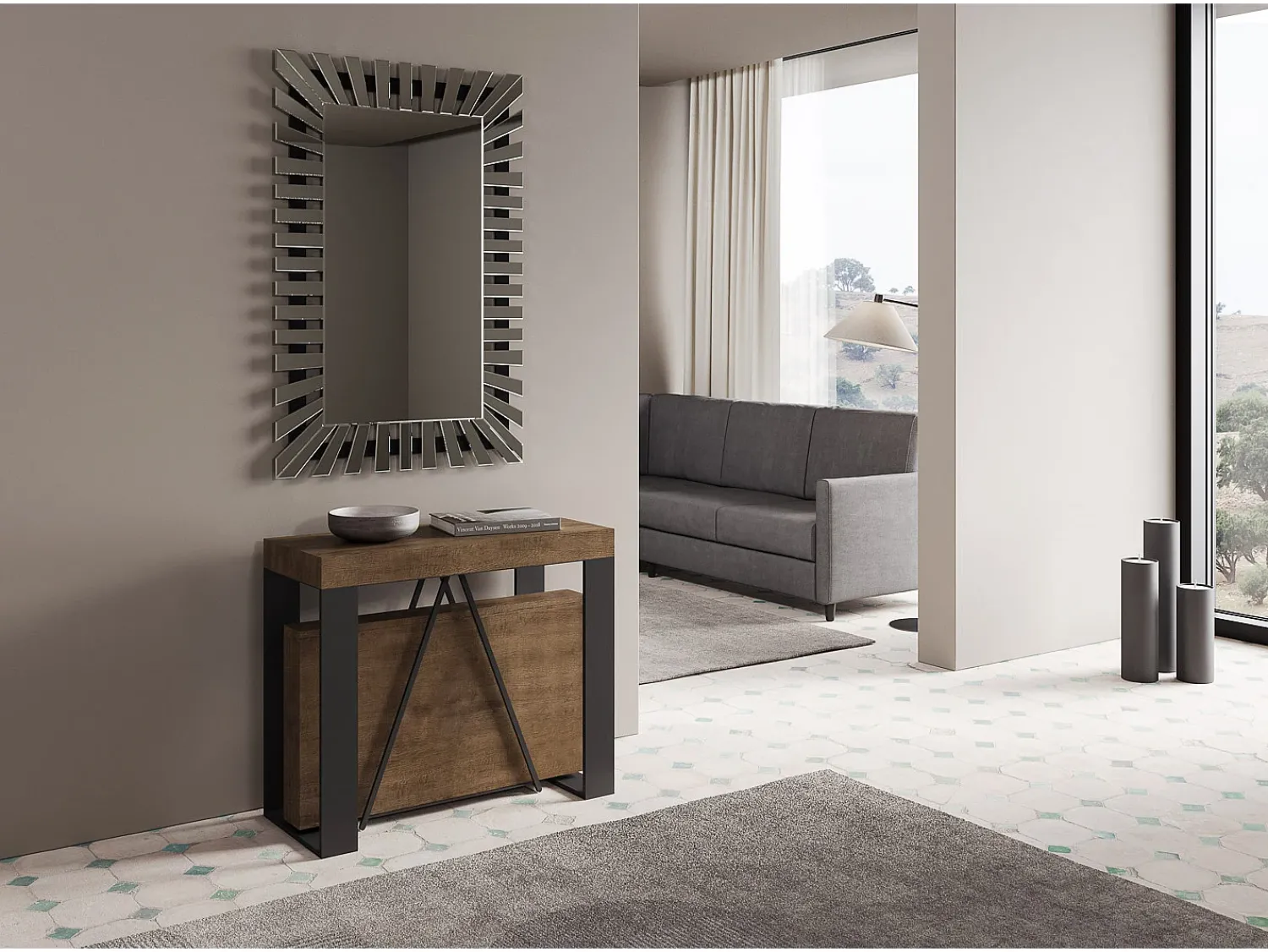 Consola*Ityhome Mesa consola extensível 90x40/196 cm Zamat Small nogueira quadro antracite Castanho