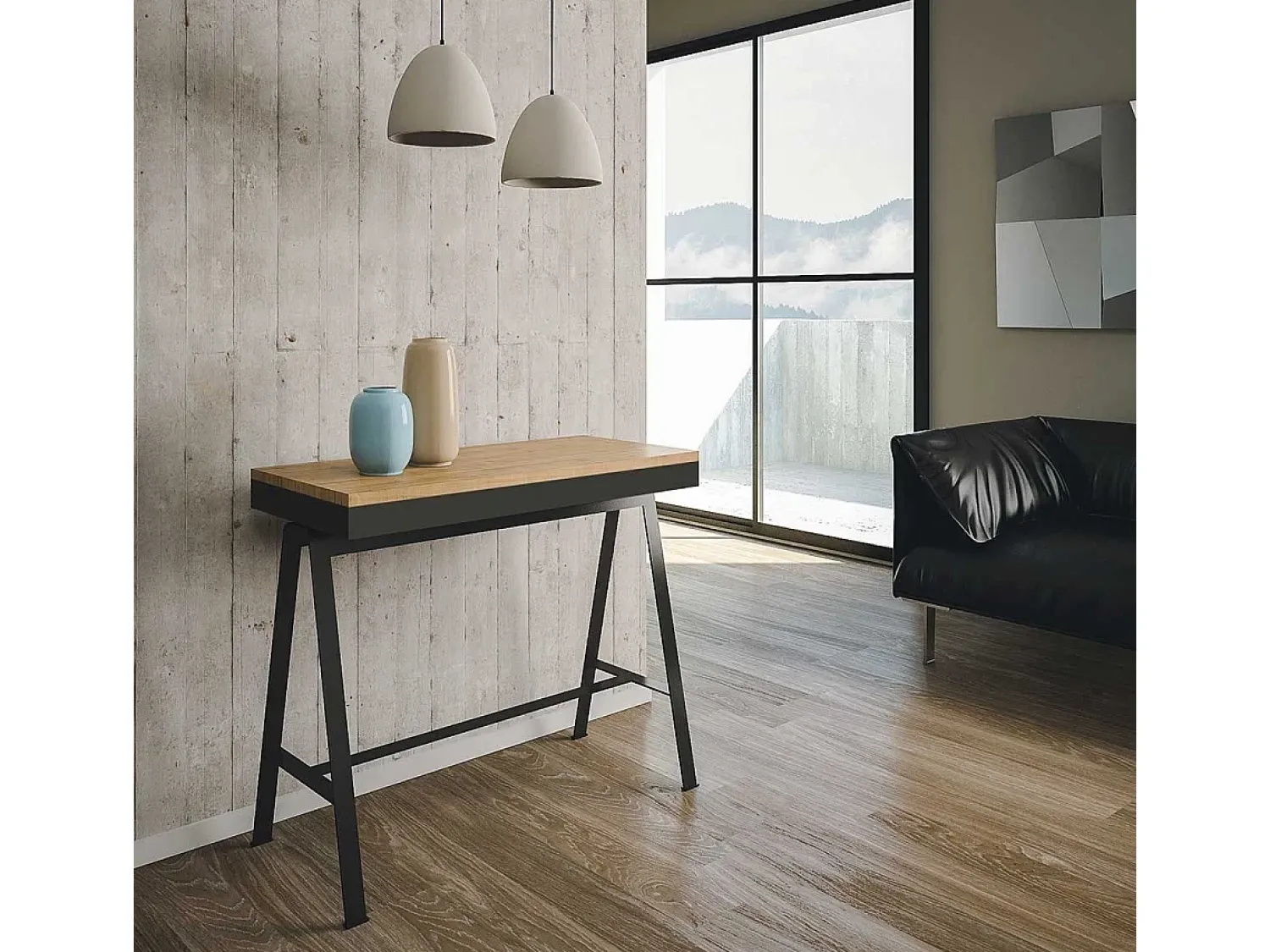 Consola|ITAMOBY Mesa consola extensível 90x40/300 cm Banco Evolution Carvalho Natural quadro Antracite Natural claro