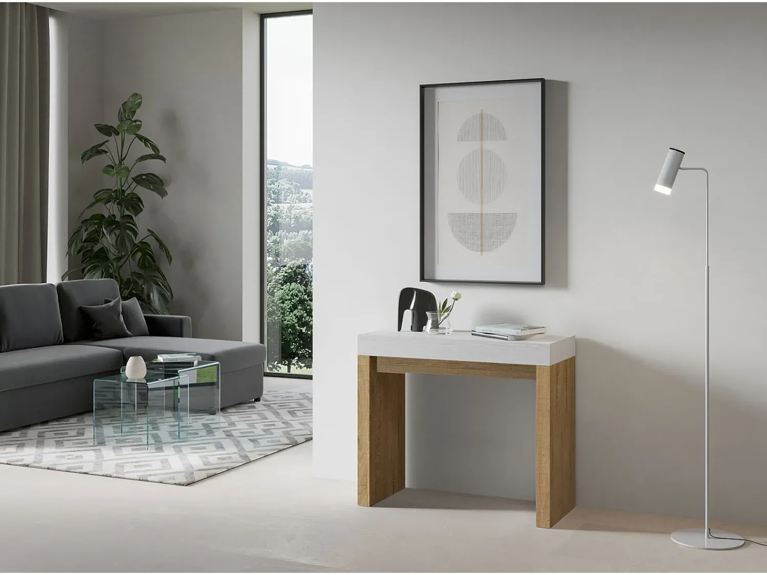 ITAMOBY Mesa consola extensível 90x40/196 cm Roxell Mix Small plano Cinza Branca - estrutura Carvalho Natural^ Consola