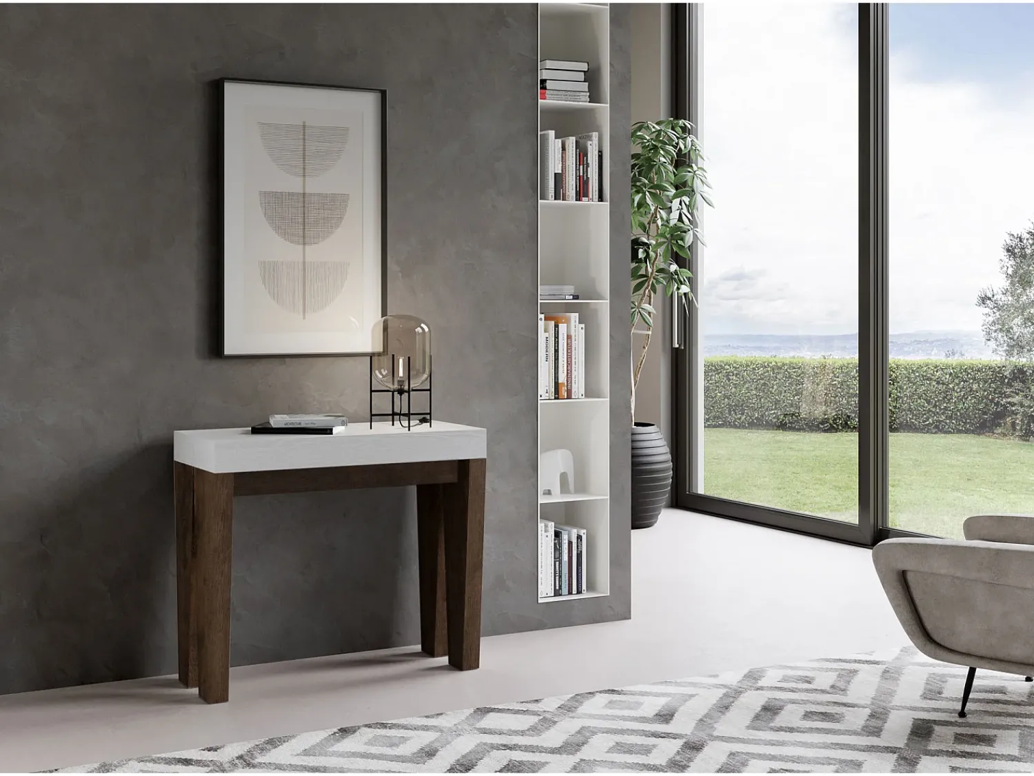 Hot ITAMOBY Mesa consola extensível 90x40/300 cm Spimbo Mix plano Cinza Branca - estrutura Nogueira Castanho chocolate / Branco
