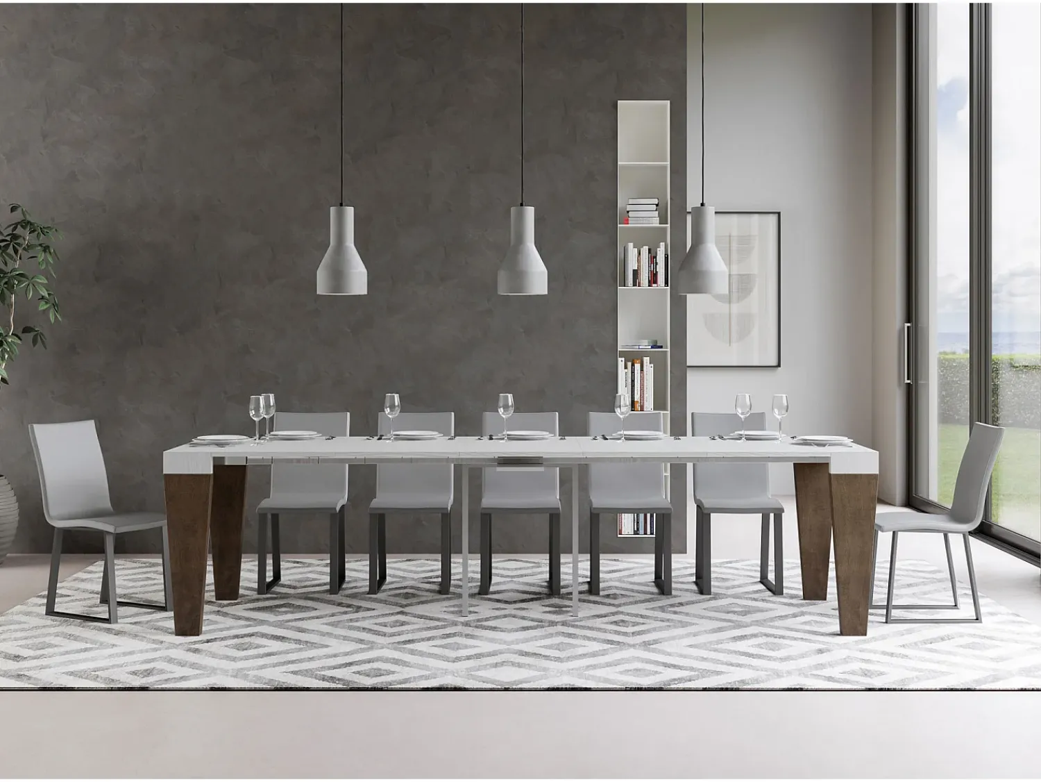 Hot ITAMOBY Mesa consola extensível 90x40/300 cm Spimbo Mix plano Cinza Branca - estrutura Nogueira Castanho chocolate / Branco