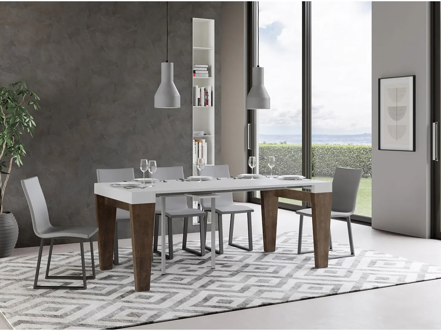 Hot ITAMOBY Mesa consola extensível 90x40/300 cm Spimbo Mix plano Cinza Branca - estrutura Nogueira Castanho chocolate / Branco