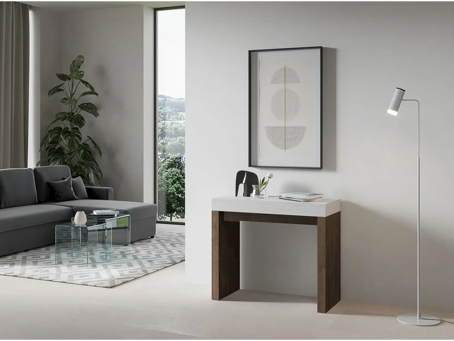 Discount ITAMOBY Mesa consola extensível 90x40/196 cm Roxell Mix Small plano Cinza Branca - estrutura Nogueira Castanho chocolate / Branco