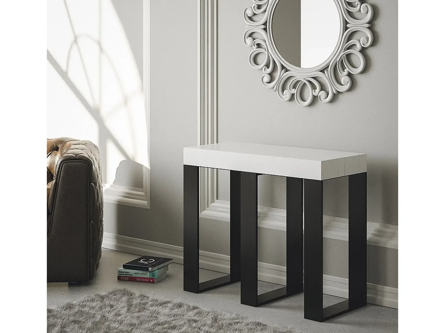 Consola*ITAMOBY Mesa consola extensível 90x40/196 cm Sintesi Small Cinza Branca quadro Antracite Branco