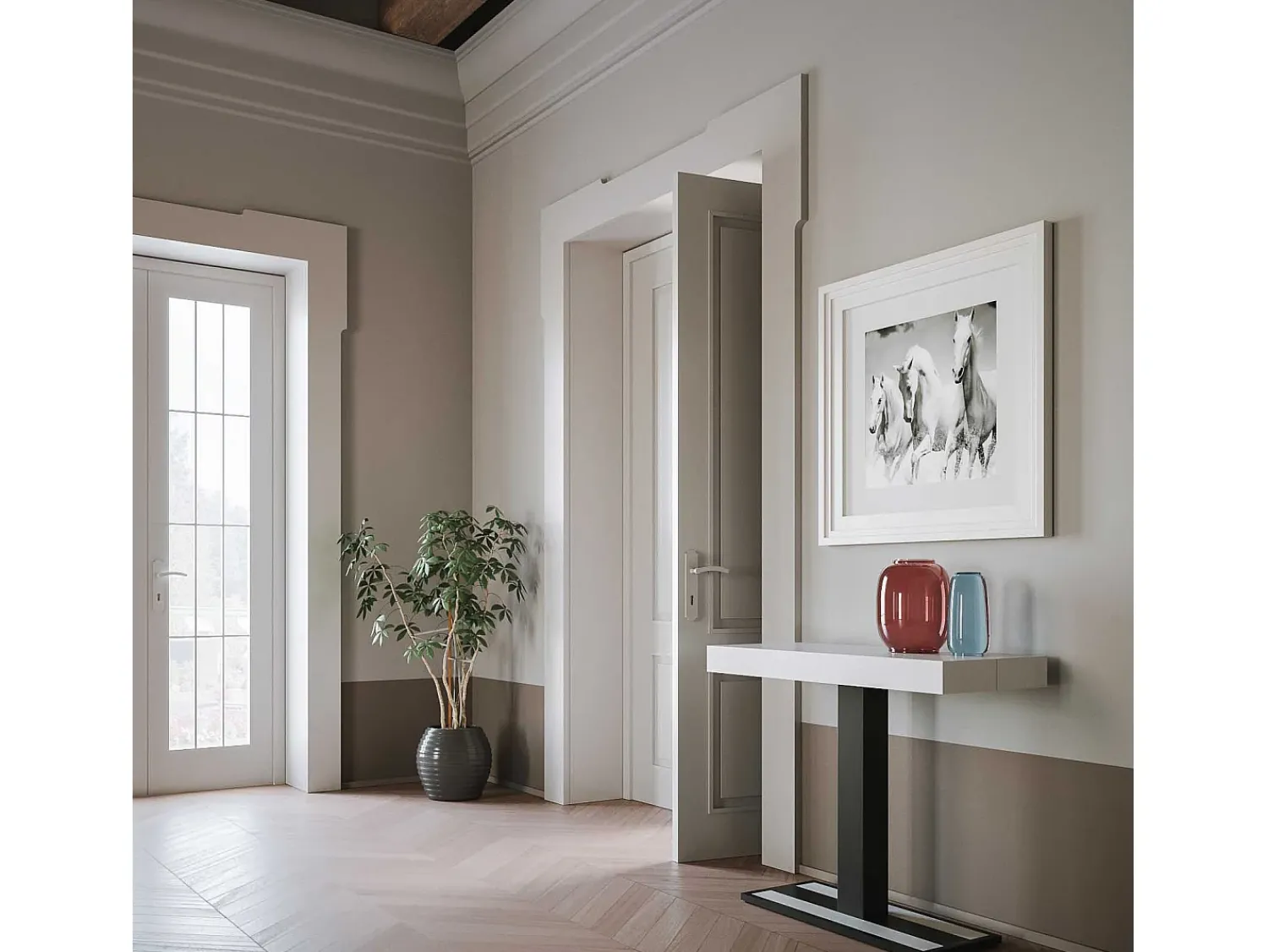 Consola|ITAMOBY Mesa consola extensível 90x40/300 cm Capital Cinza Branca quadro Antracite Branco