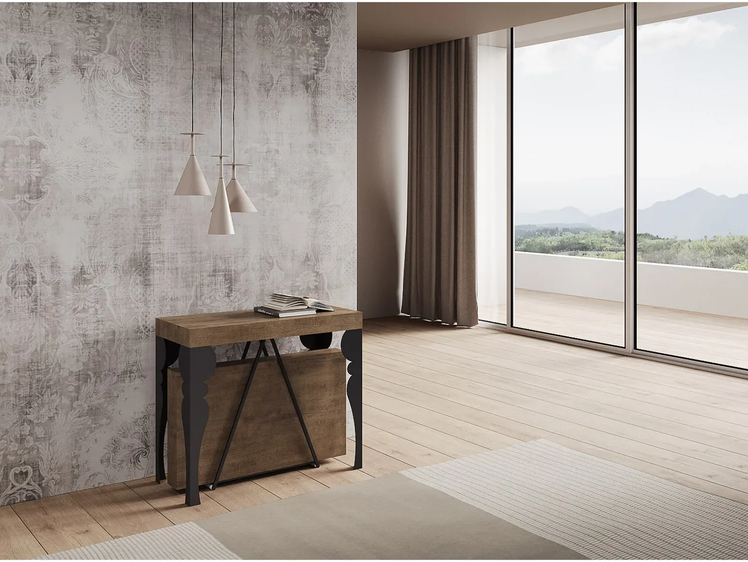 Ityhome Mesa consola extensível 90x40/300 cm Riza nogueira quadro antracite^ Consola
