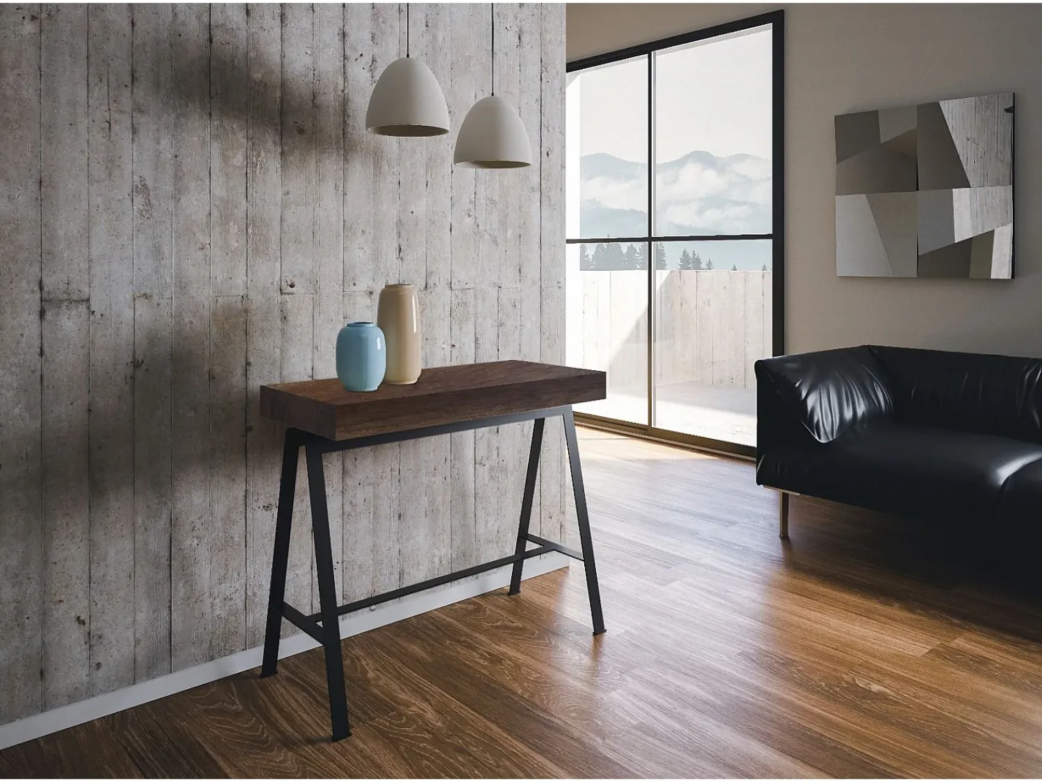 ITAMOBY Mesa consola extensível 90x40/196 cm Banco Small Nogueira quadro Antracite^ Consola