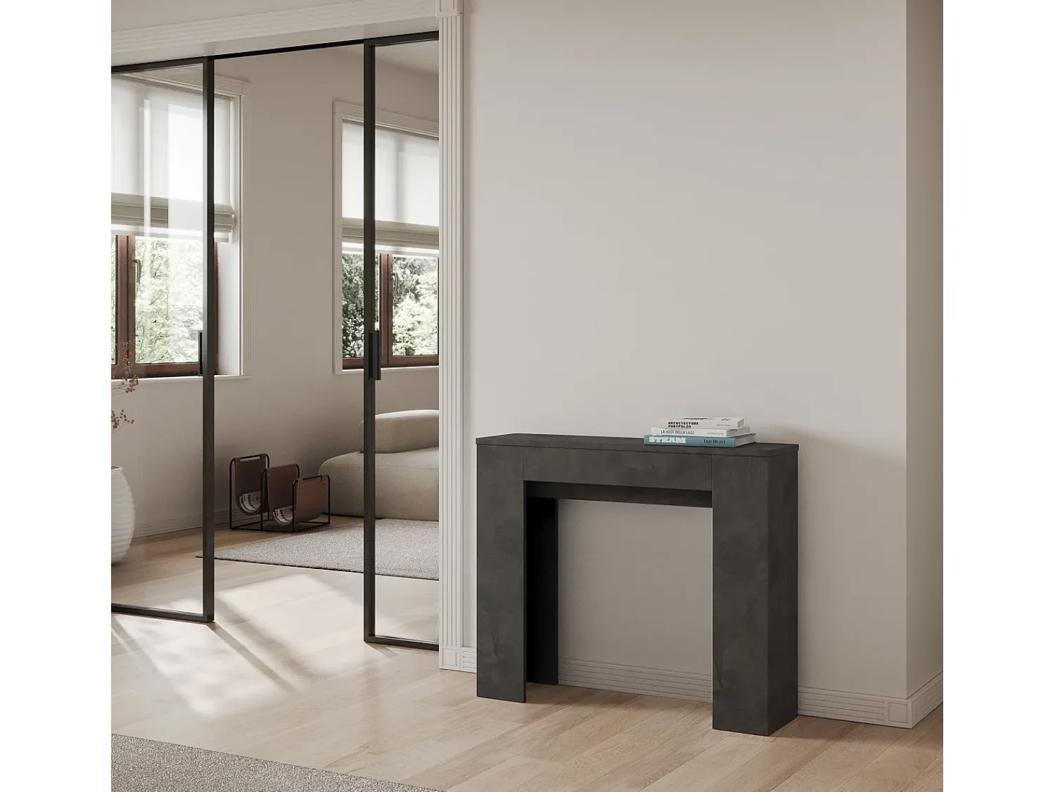 Outlet ITAMOBY Mesa consola extensível 90x25/181 cm Slick Antracite Espatulado Cinzento