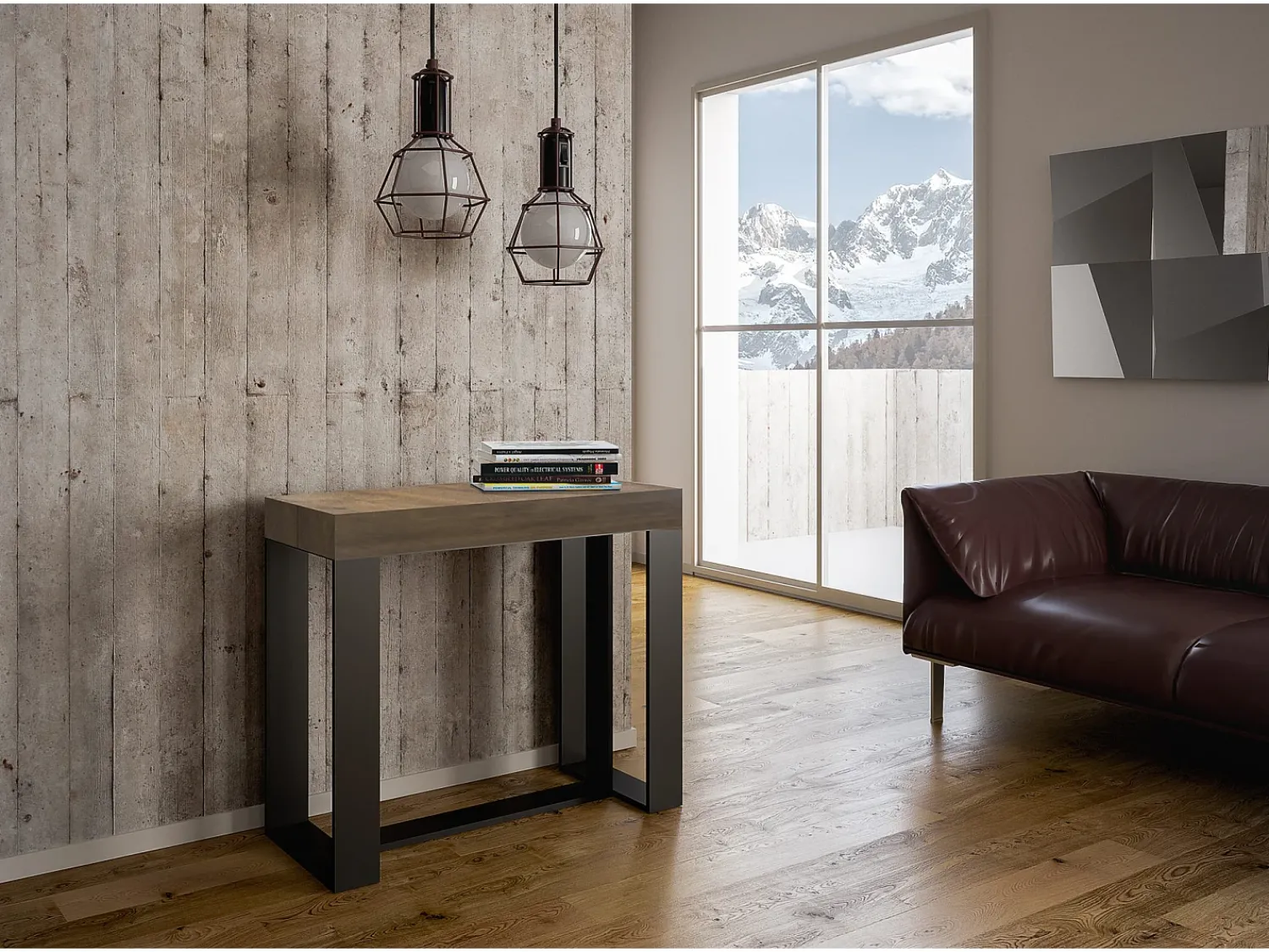 Consola*ITAMOBY Mesa consola extensível 90x40/300 cm Futura Nogueira quadro Antracite Natural escuro
