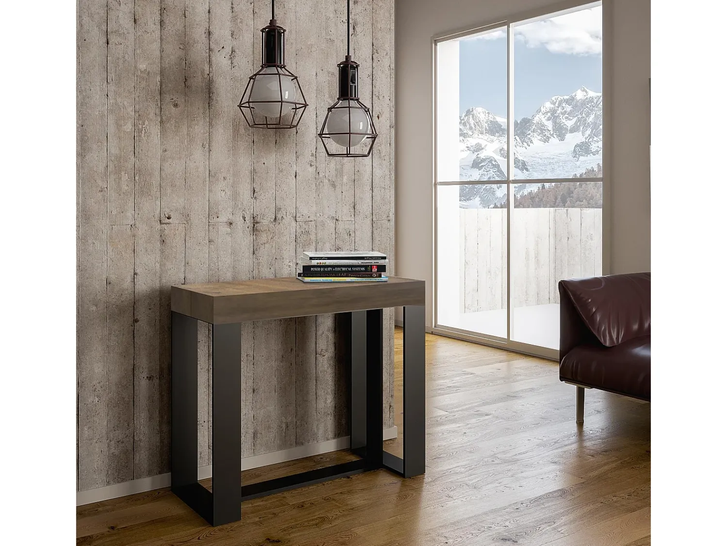 Consola*ITAMOBY Mesa consola extensível 90x40/300 cm Futura Nogueira quadro Antracite Natural escuro