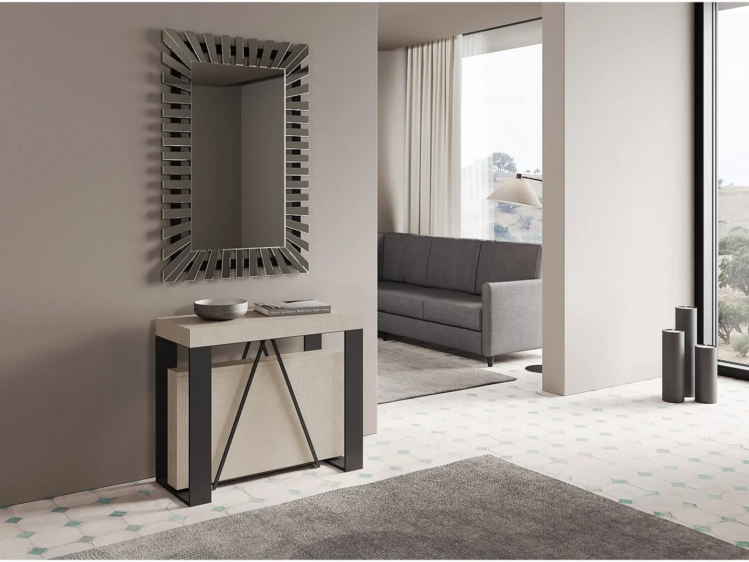 Consola*Ityhome Mesa consola extensível 90x40/196 cm Zamat Small caxemira quadro antracite Cinzento