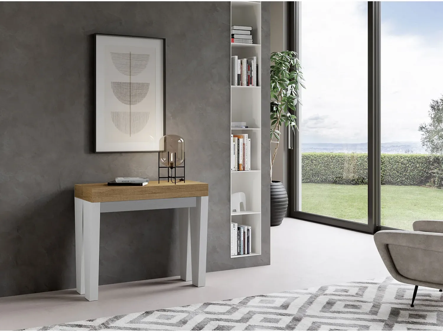 Consola|ITAMOBY Mesa consola extensível 90x40/196 cm Spimbo Mix Small plano Carvalho Natural - estrutura Cinza Branca Natural claro / Branco