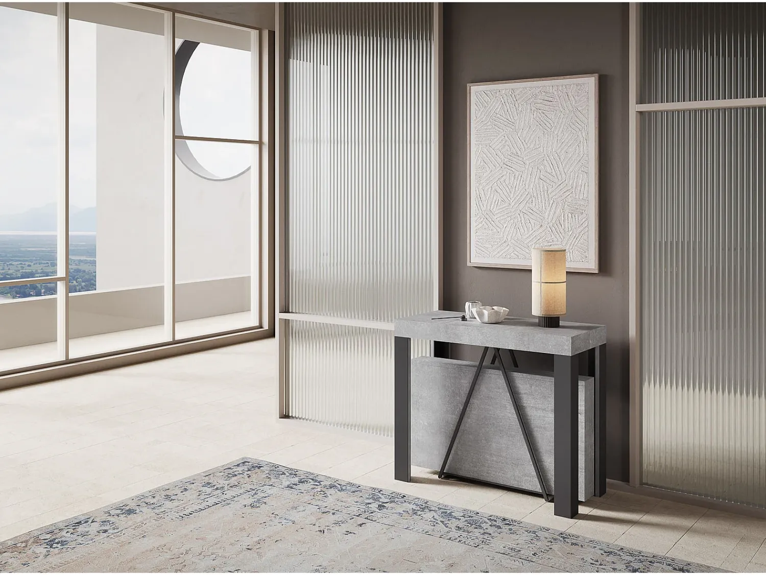 Consola*Ityhome Mesa consola extensível 90x40/196 cm Tarax Small cimento quadro antracite Cinzento