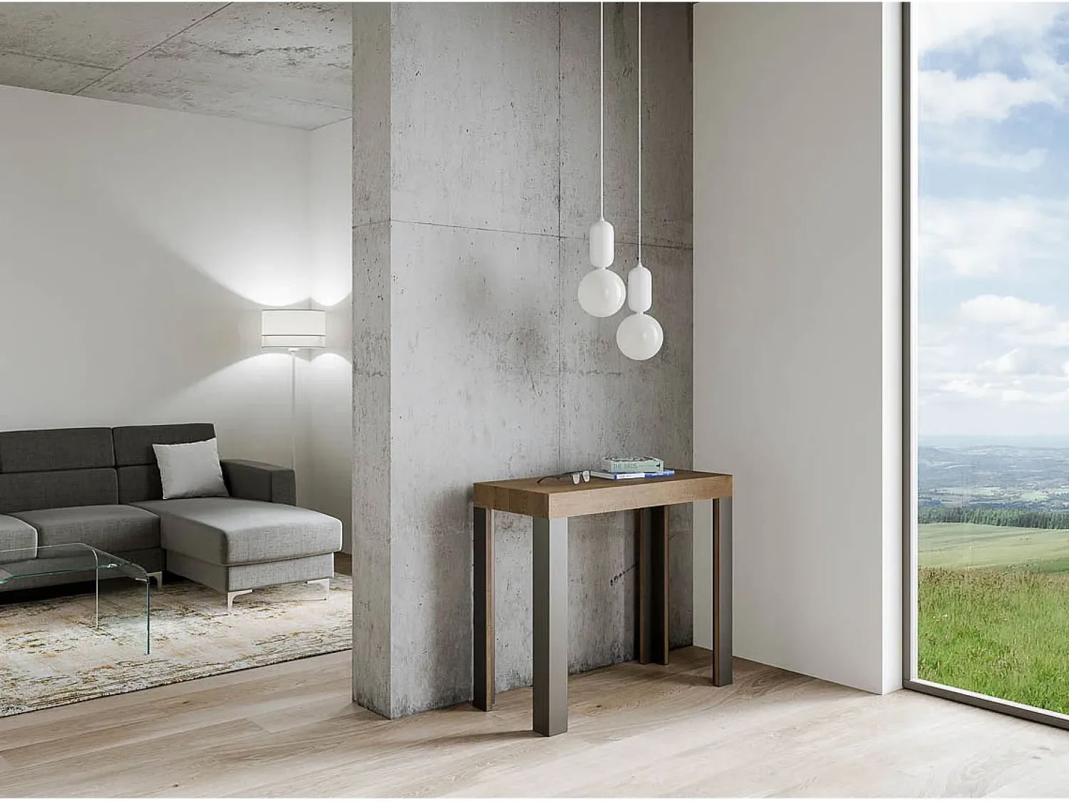 Consola|ITAMOBY Mesa consola extensível 90x40/300 cm Linea Nogueira quadro Antracite Natural escuro