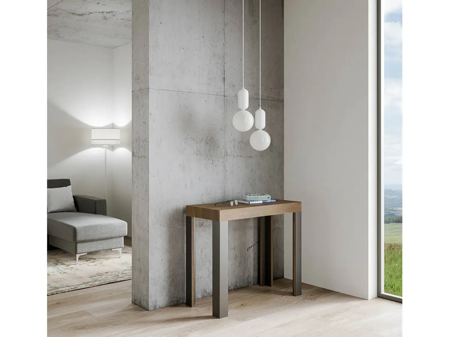 Consola|ITAMOBY Mesa consola extensível 90x40/300 cm Linea Nogueira quadro Antracite Natural escuro