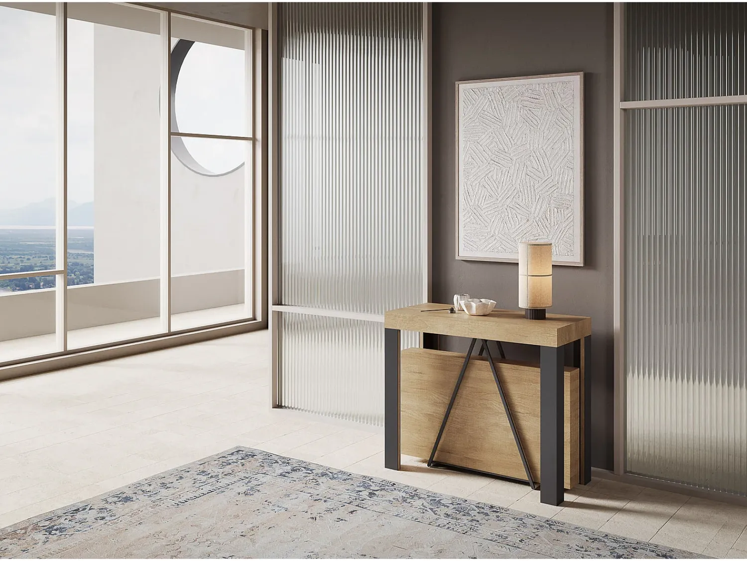 Outlet Ityhome Mesa consola extensível 90x40/196 cm Tarax Small carvalho natural quadro antracite Castanho