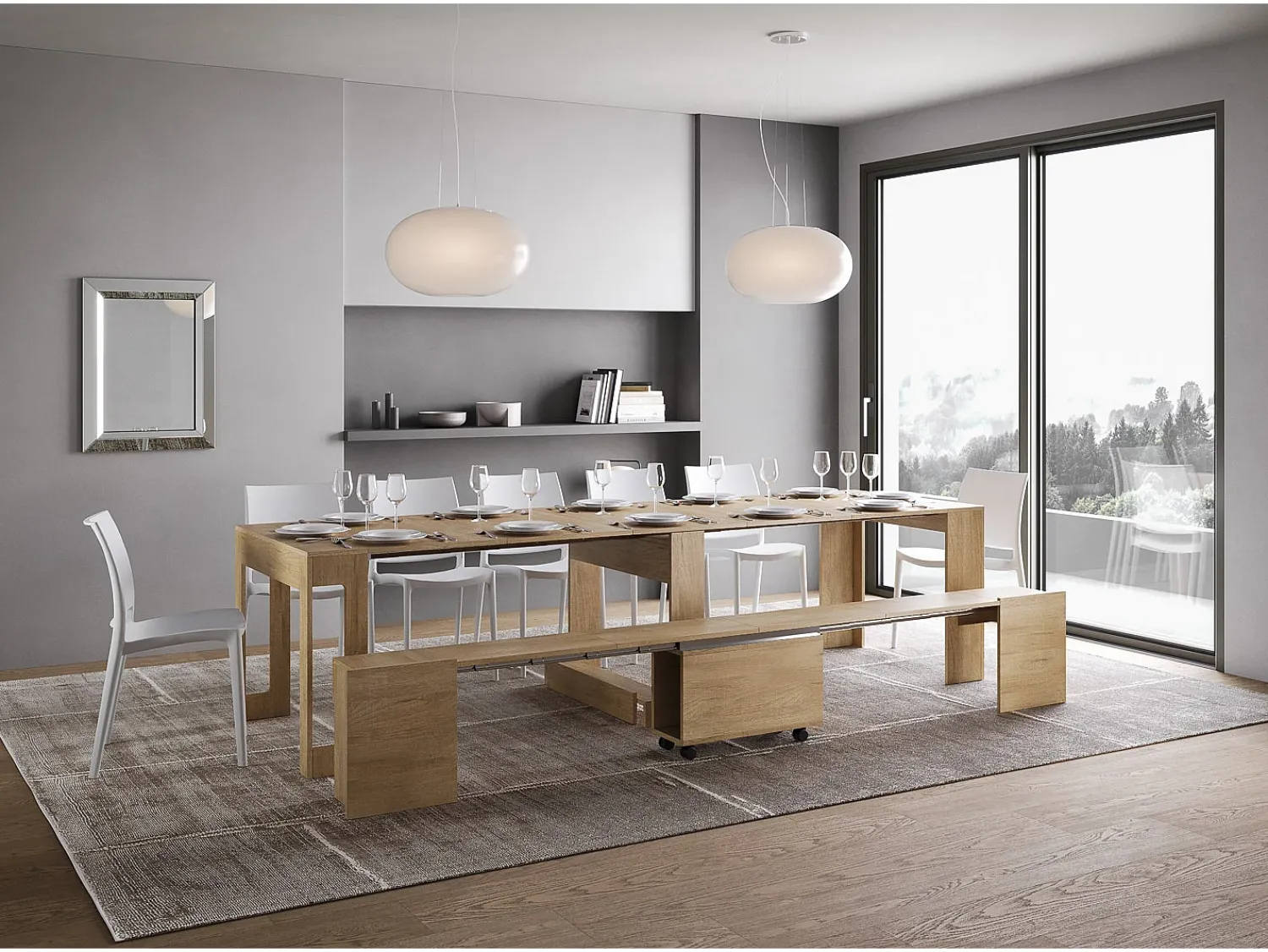 ITAMOBY Mesa consola extensível 90x42/302 cm Evolve Carvalho Natural extensões internas com banco inferior^ Consola