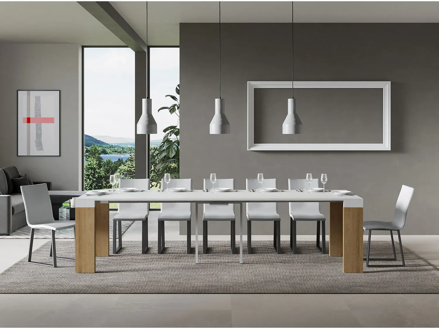 Outlet ITAMOBY Mesa consola extensível 90x40/300 cm Roxell Mix plano Cinza Branca - estrutura Carvalho Natural Natural claro / Branco