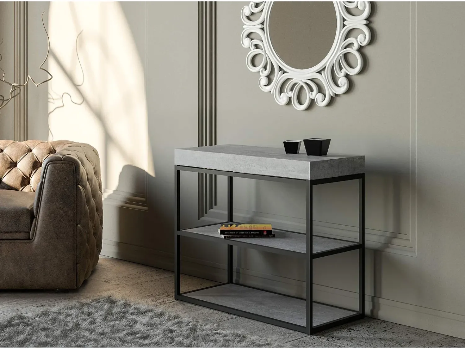 Consola*ITAMOBY Mesa consola extensível 90x40/196 cm Plano Small Cimento quadro Antracite Cinzento