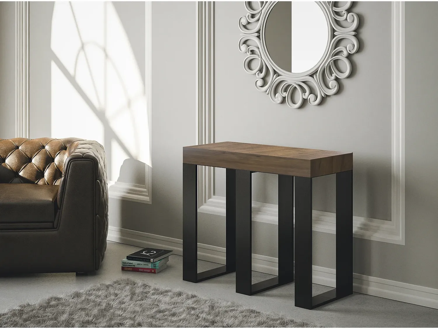 Clearance ITAMOBY Mesa consola extensível 90x40/300 cm Sintesi Nogueira quadro Antracite Natural escuro