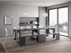Consola|ITAMOBY Mesa consola extensível 90x42/302 cm Evolve Antracite Espatulado extensões internas com banco inferior Cinzento