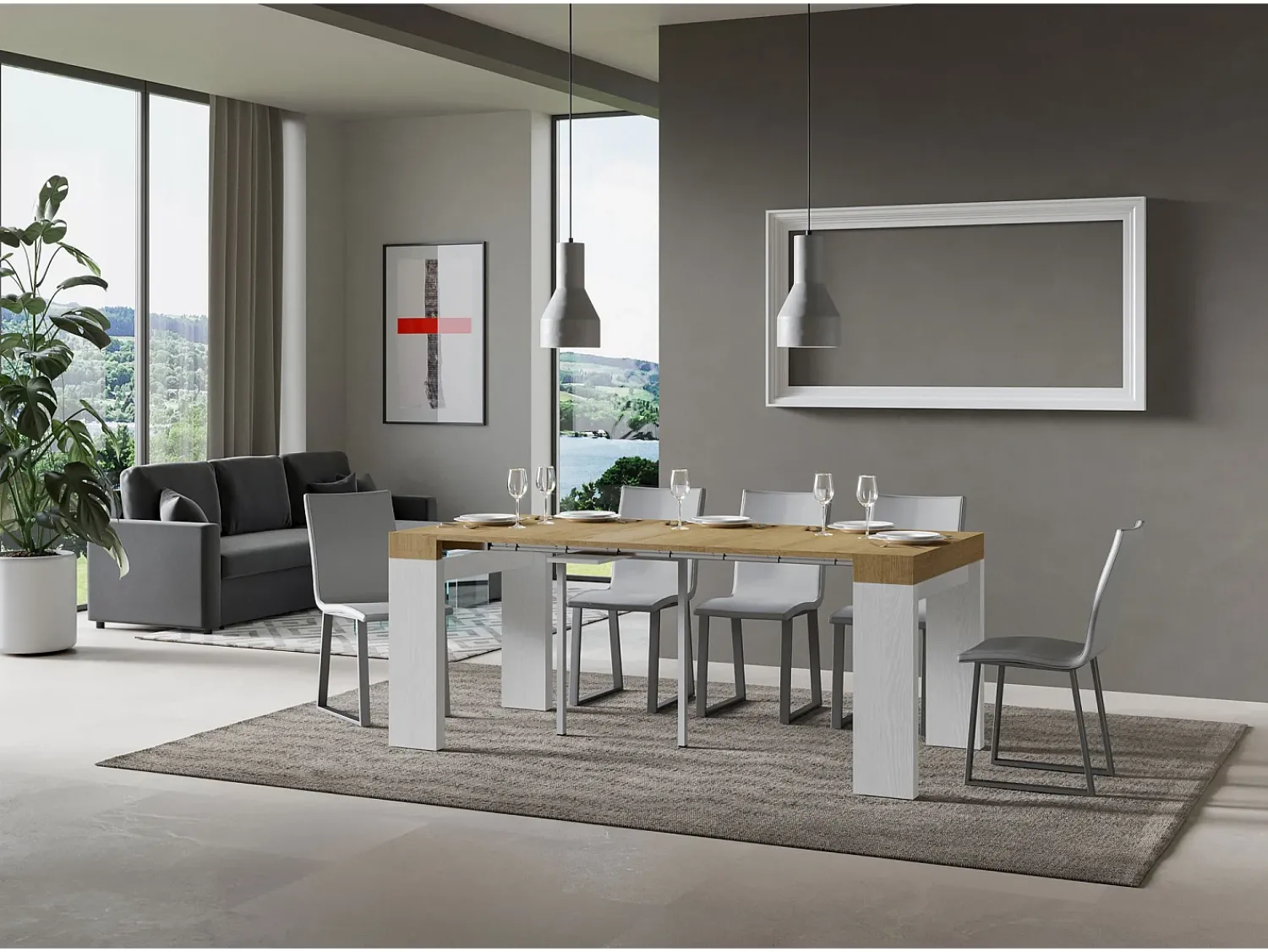 Consola|ITAMOBY Mesa consola extensível 90x40/196 cm Roxell Mix Small plano Carvalho Natural - estrutura Cinza Branca Natural claro / Branco