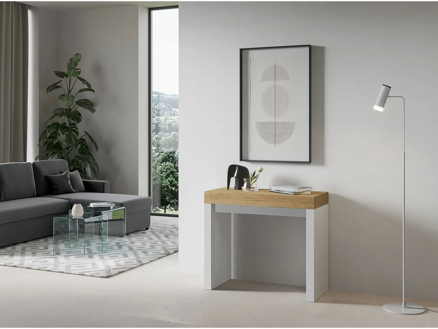 Consola|ITAMOBY Mesa consola extensível 90x40/196 cm Roxell Mix Small plano Carvalho Natural - estrutura Cinza Branca Natural claro / Branco