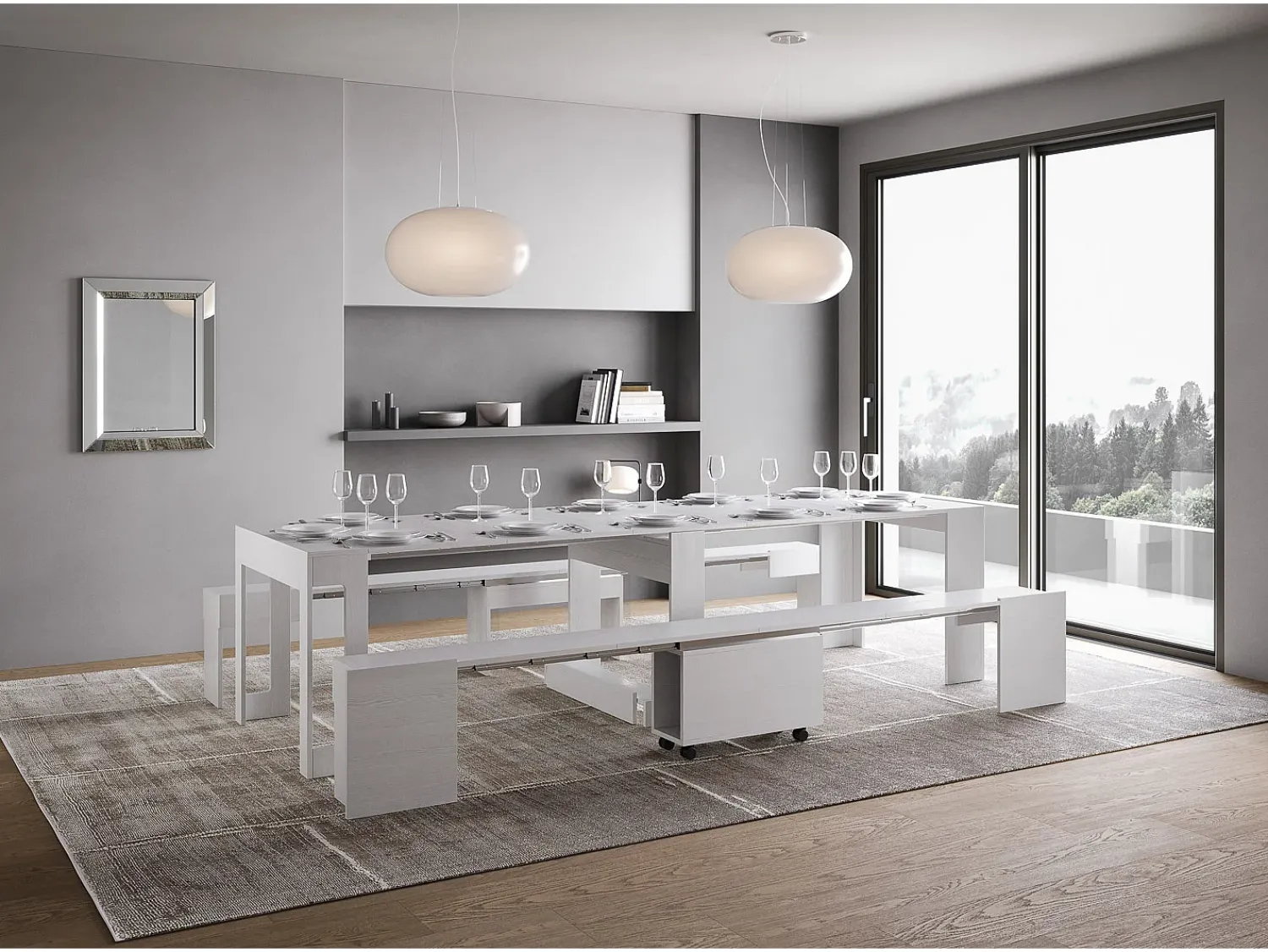 ITAMOBY Mesa consola extensível 90x42/302 cm Evolve Cinza Branca extensões internas com banco inferior e superior^ Consola